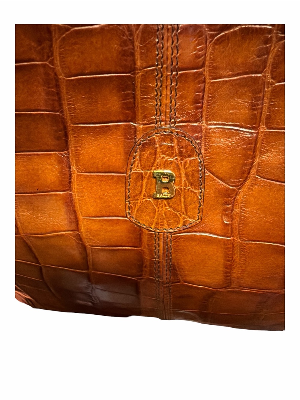 VINTAGE BALLY Italy Cognac Croc Embossed Leather Tote Bag Shopper - Picture 2 of 9